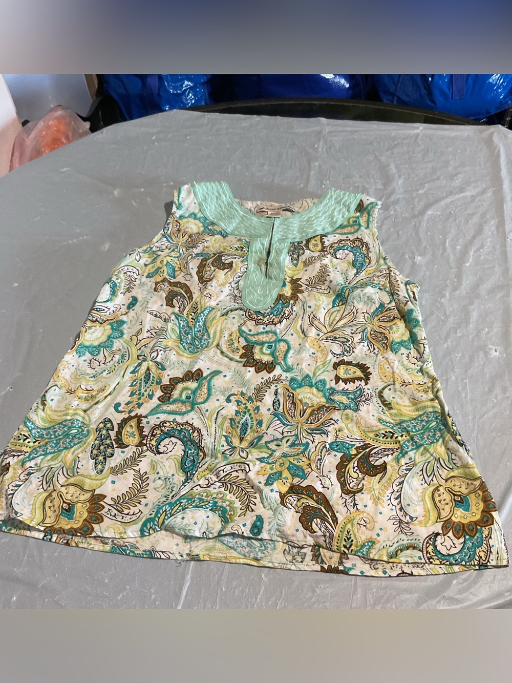 david brooks Teal, Cream and Brown Paisley Sleeveless A-Line Dress